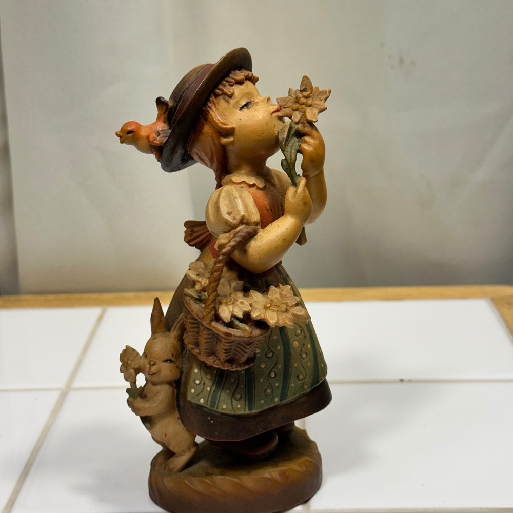 Anri Figurine Girl with Flowers Bunny Bird Wood Carved Italy Ferrandiz Excellent